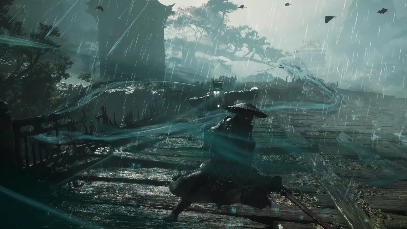 Soul in a straw hat cuts a swirl of blue sword energy in the rain