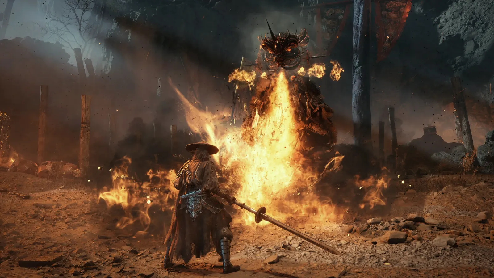 Soul stands before a towering boss wreathed in fire