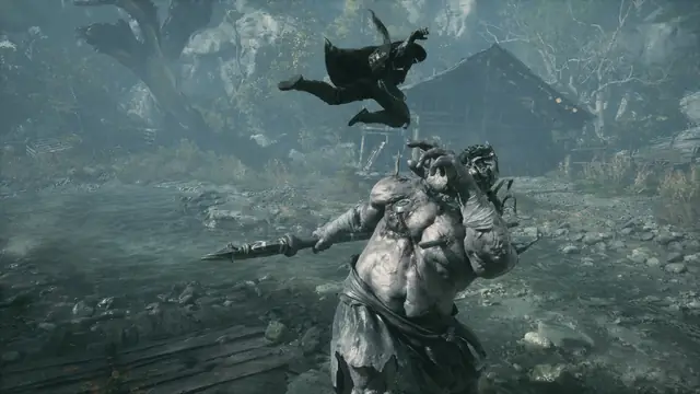 Soul leaps over a giant pale brute wielding a spear beside a river