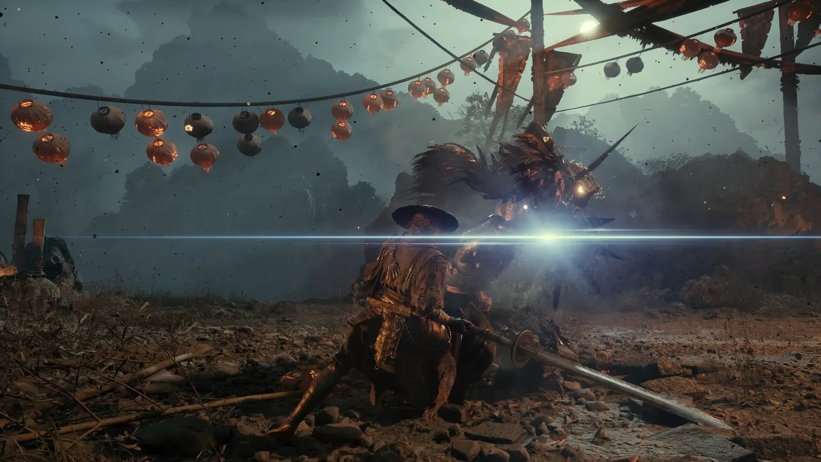 Soul's blade clashes with an armored boss under red lanterns