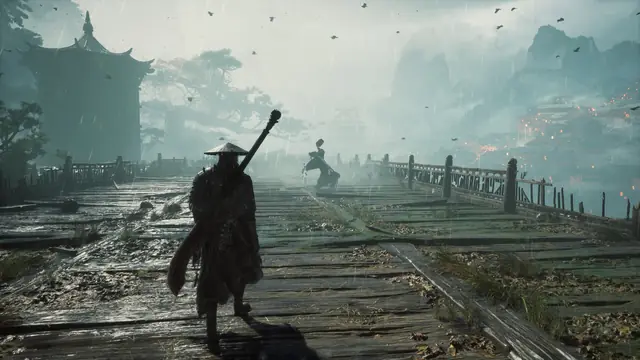 Soul walks a rain-soaked wooden pier toward a distant pagoda
