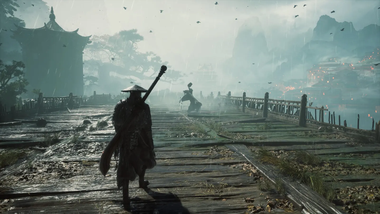 Soul walks along a rain-soaked wooden pier toward a pagoda