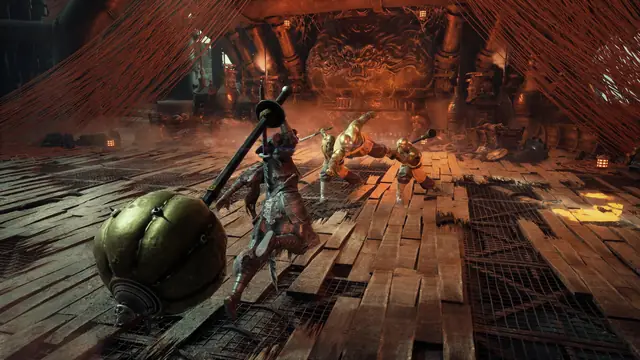 Soul battles enemies in a torch-lit wooden hall with a giant spiked ball